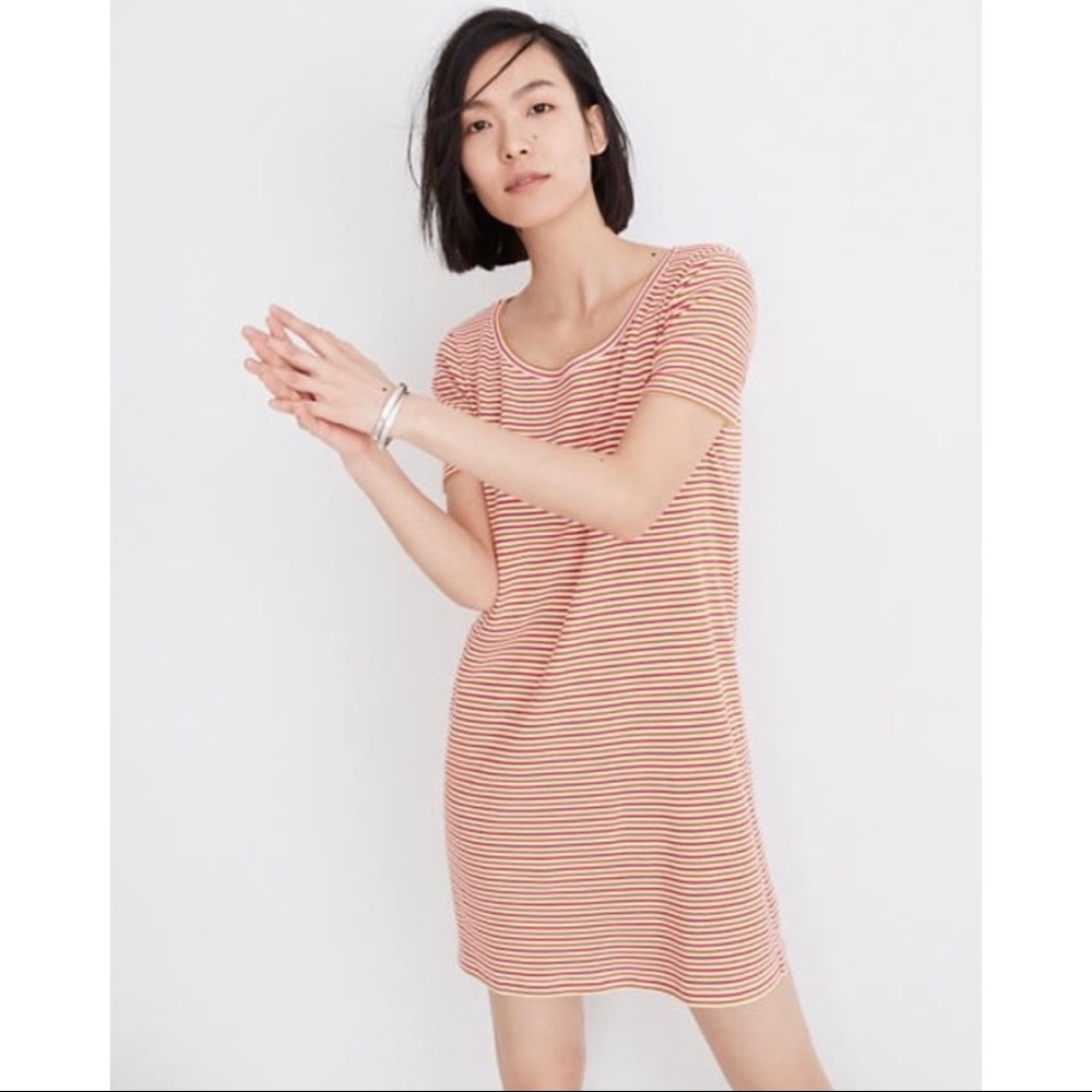 Madewell Swingy Tee Dress in Pink/Brown Stripe XL